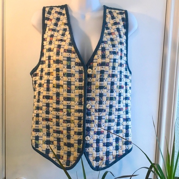 Rare Vintage Cottagecore Quilted Woven Denim Vest - Picture 2 of 14